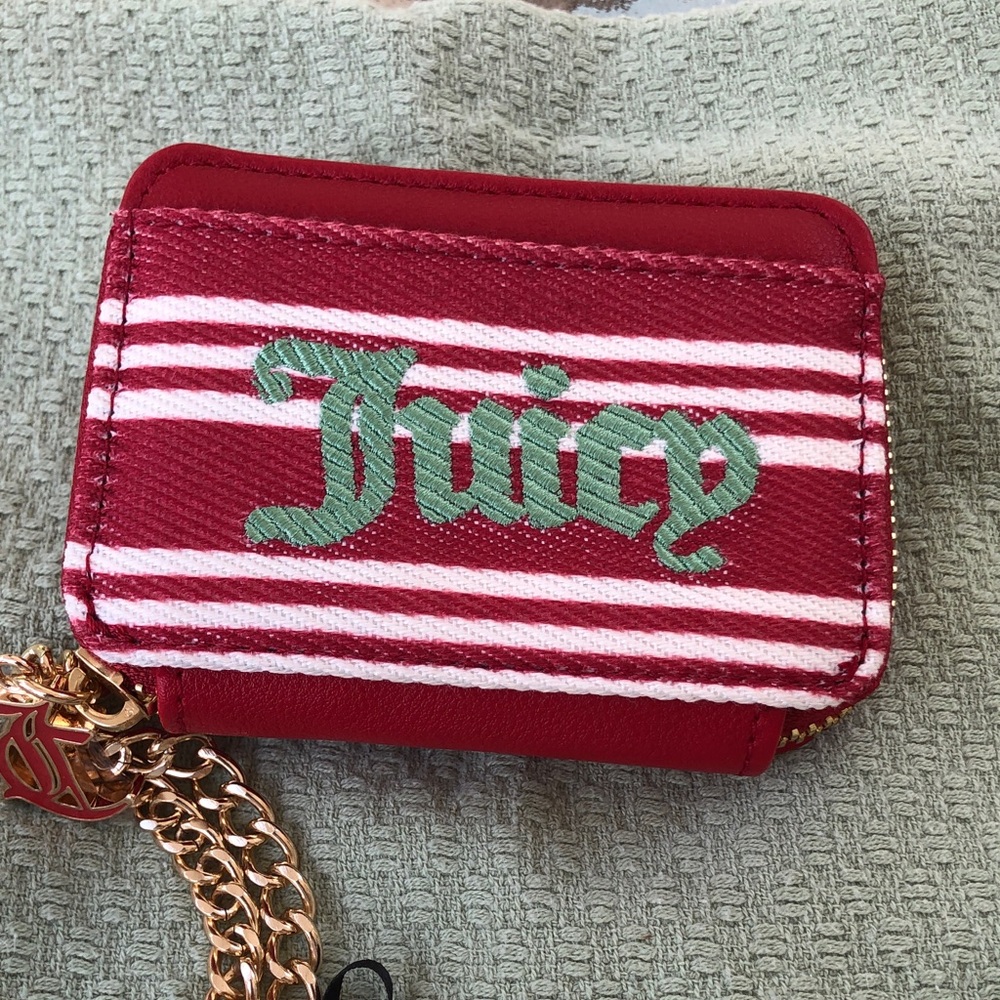 Juicy Couture Red and White Striped Zip Card Pouch with Green Logo